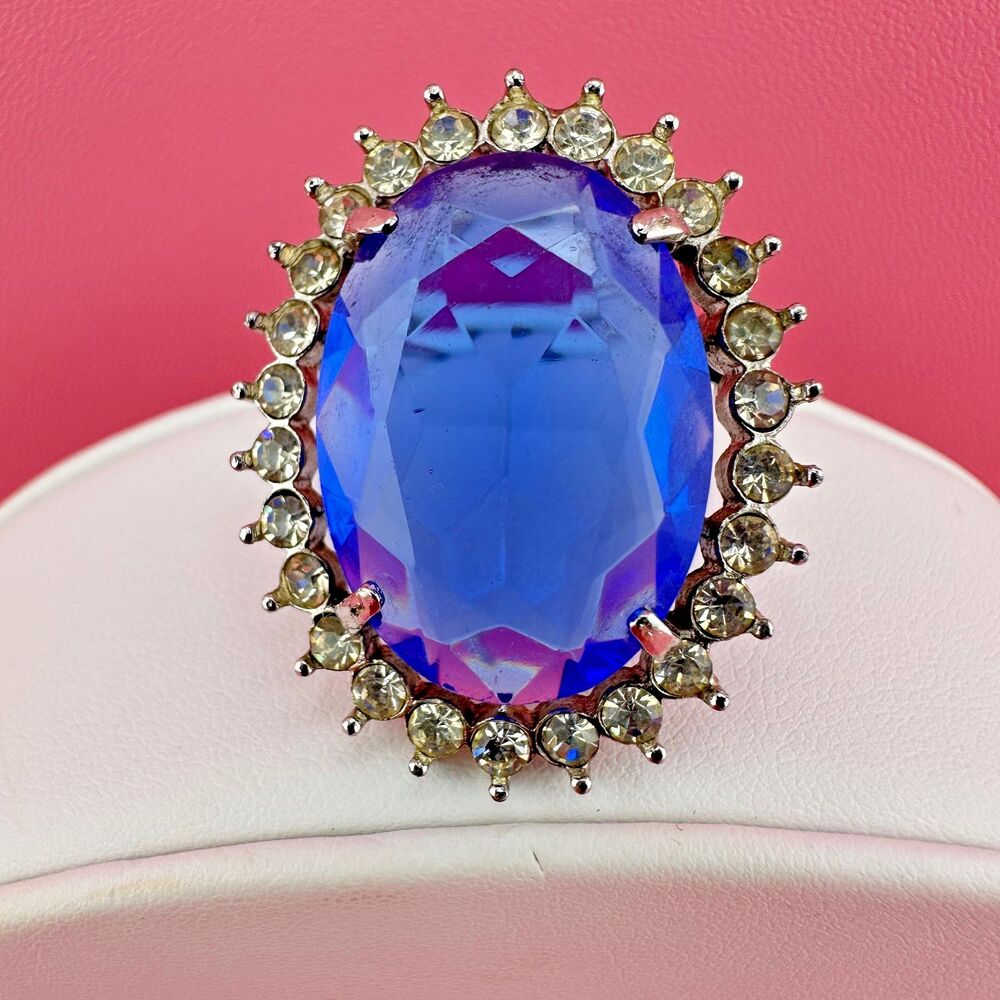 Vintage Crystal Brooch Pendant LG Blue Oval Faceted Stone Open Back Prong Set